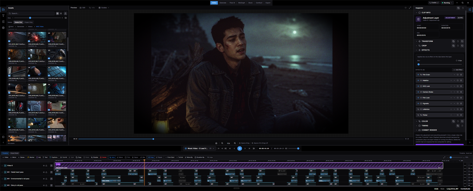 ComfyStudio interface — timeline editor with AI-generated video clips